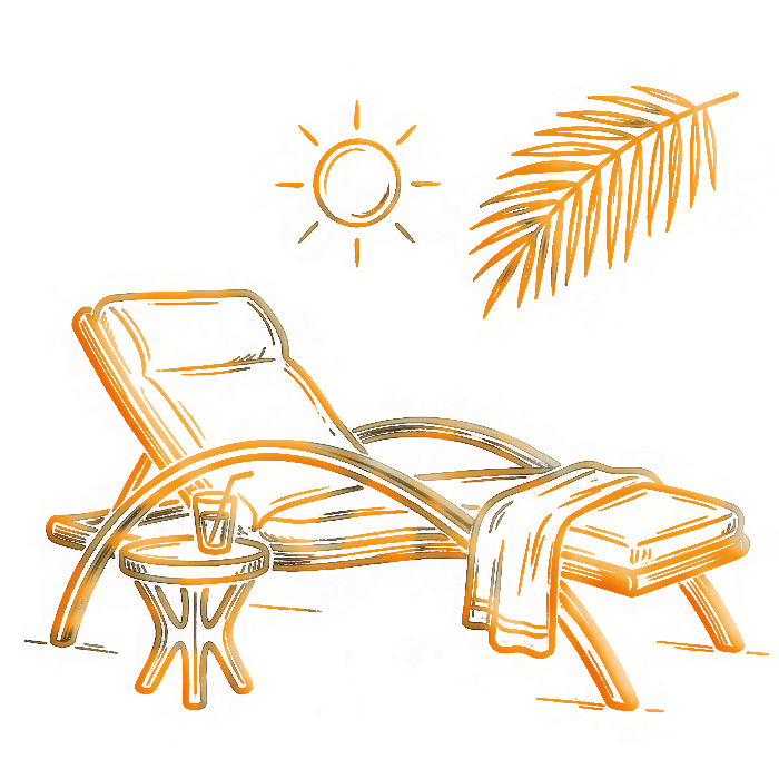 Stylized sunbed icon showing steam and water symbolizing wellness service with a simple graphic background